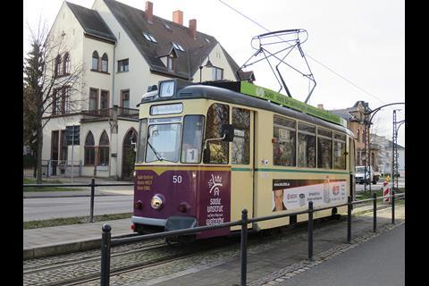The half-hourly service on the single track route linking Naumburg's old town with the main station is operated using a fleet of historic East German trams.